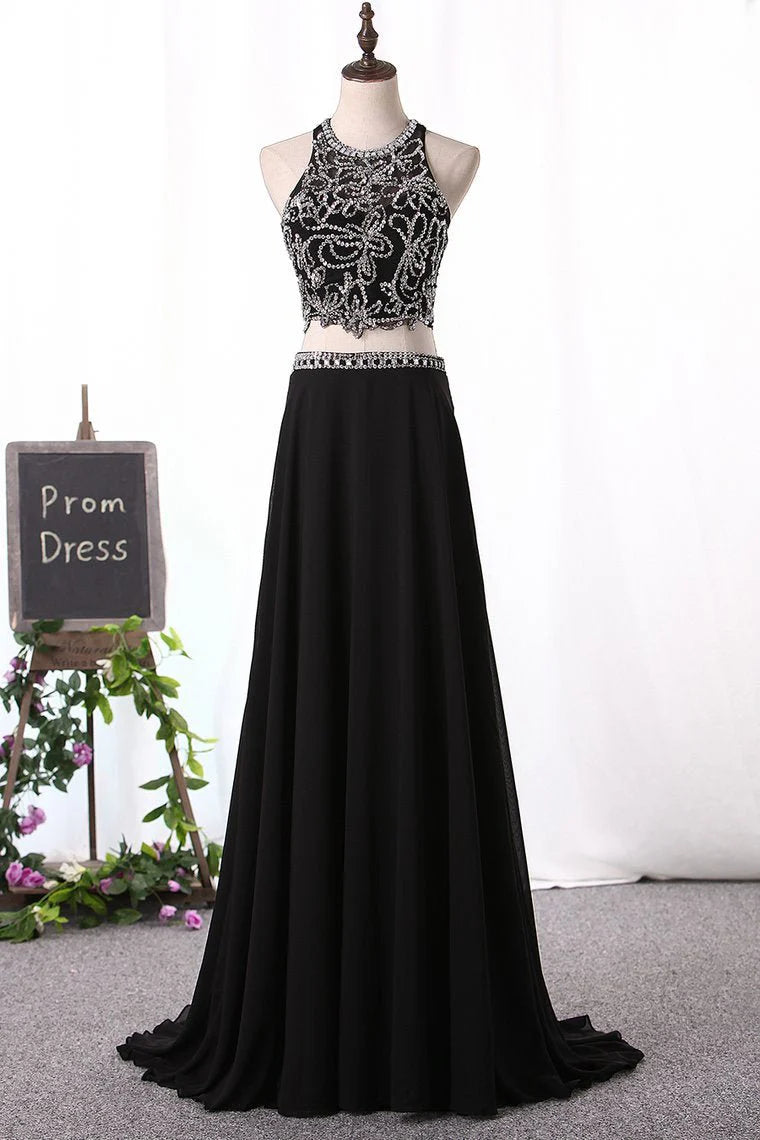 A Line Party Dresses Scoop Beaded Bodice Chiffon Two Pieces